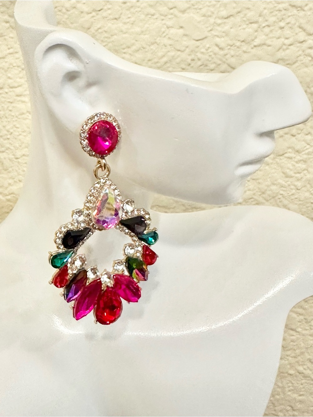 Multicolored Crystal Teardrop Statement Earrings - Gold Tone